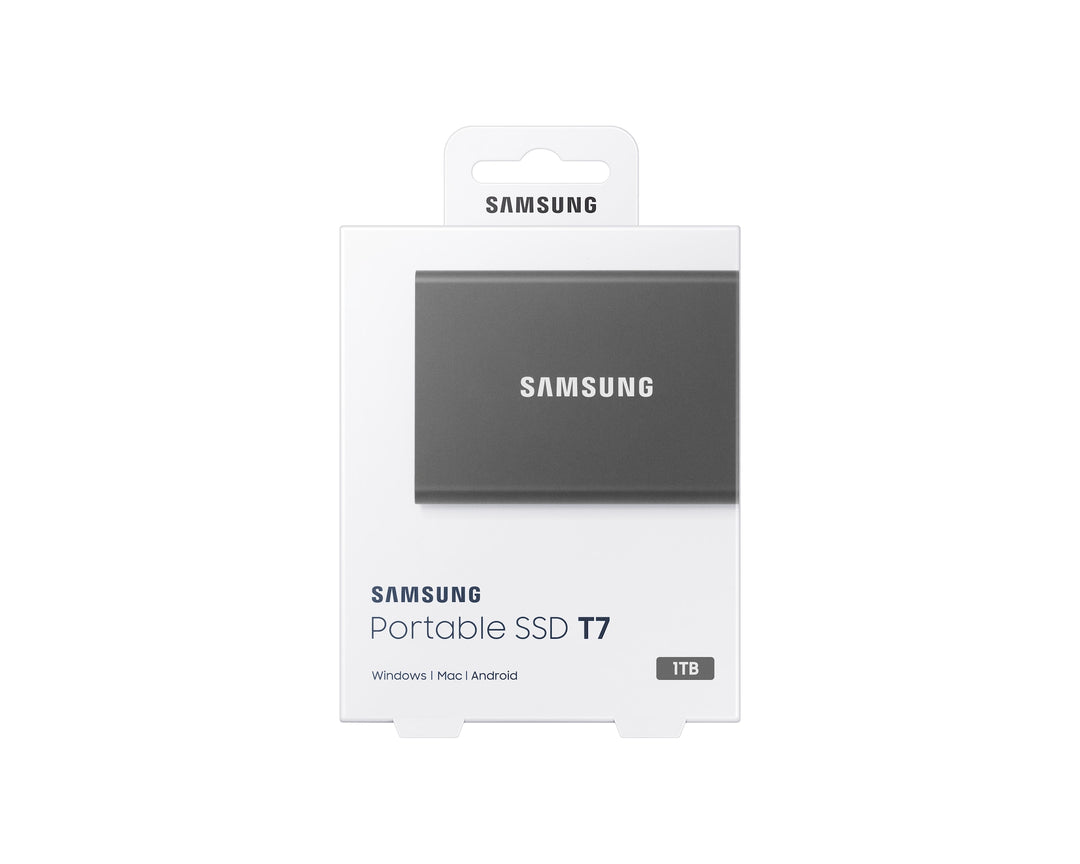 Samsung Portable SSD T7 1TB Titan Gray retail box, front