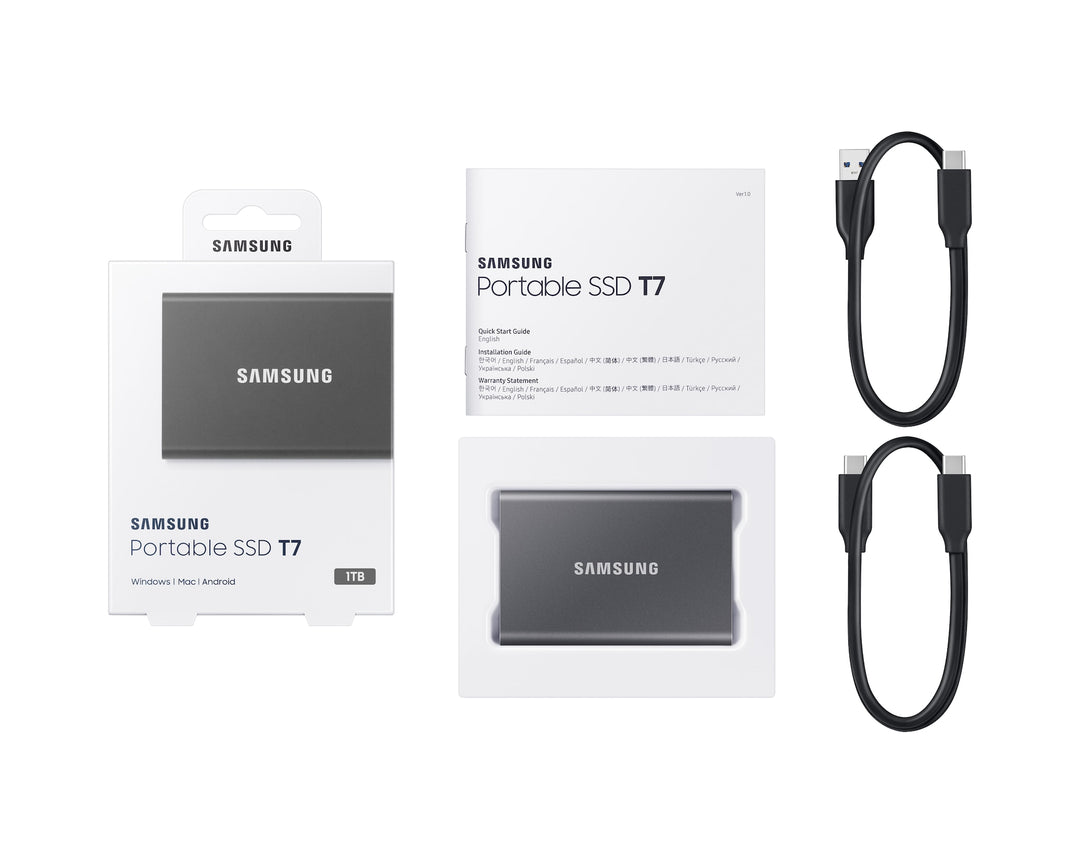 Samsung T7 Portable SSD box contents: drive, USB C to C cable, USB C to A cable and quick start guide