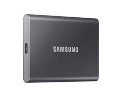 Samsung T7 Portable SSD in Titan Gray, left perspective showing the USB Type-C port