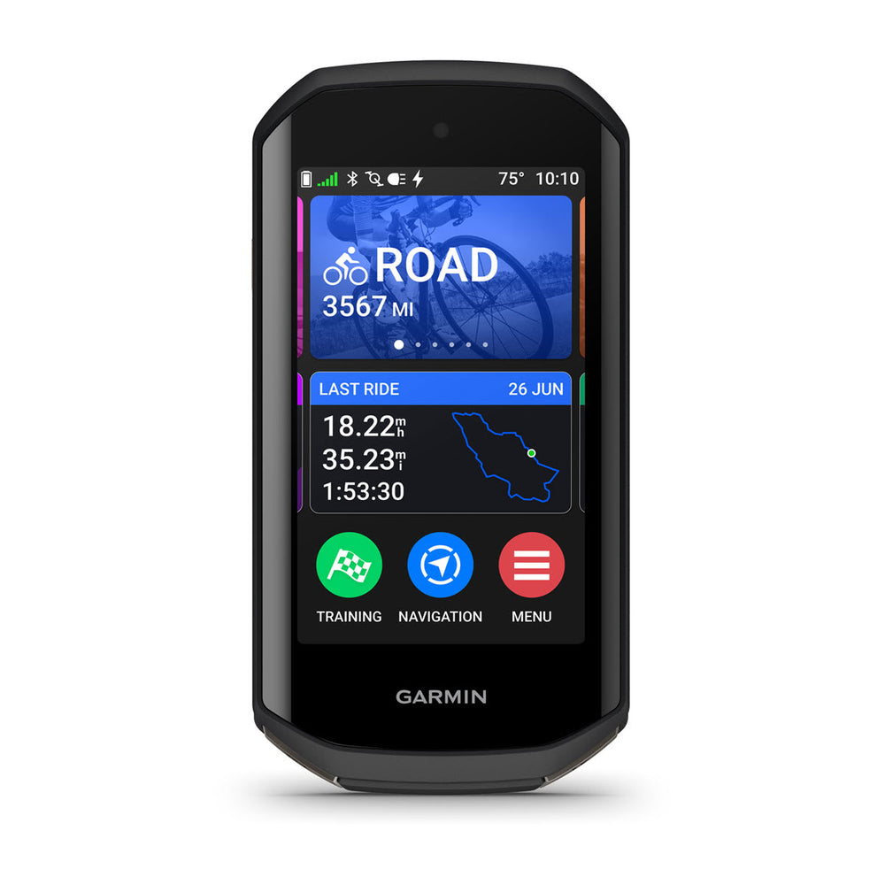 Garmin Edge 1050 cycling computer, straight-on front view of the 3.5 inch colour touchscreen showing the ride home screen