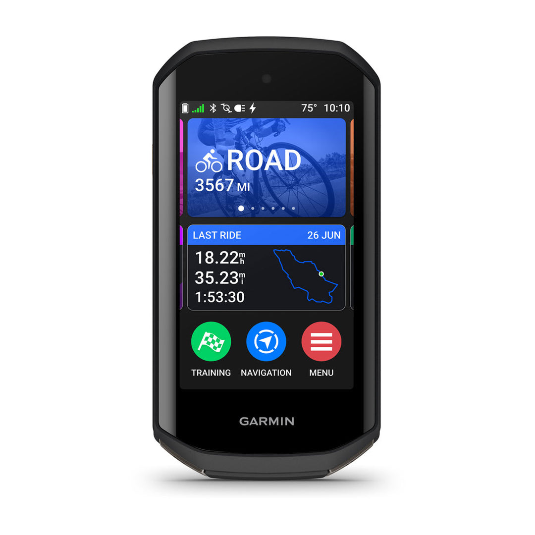 Garmin Edge 1050 cycling computer, straight-on front view of the 3.5 inch colour touchscreen showing the ride home screen