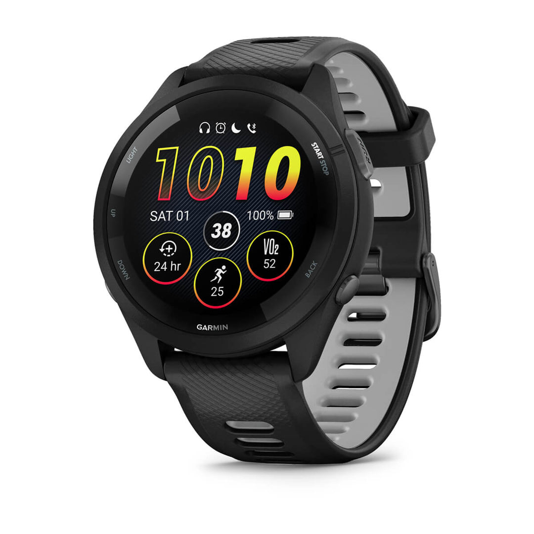 Garmin Forerunner 265 46mm running smartwatch with black bezel and black and powder grey silicone band, angled front view of the AMOLED watch face