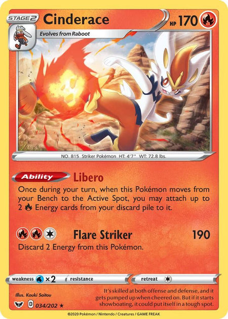 Cinderace #034/202 HOLO R - Sword & Shield Base Set Pokemon 2020