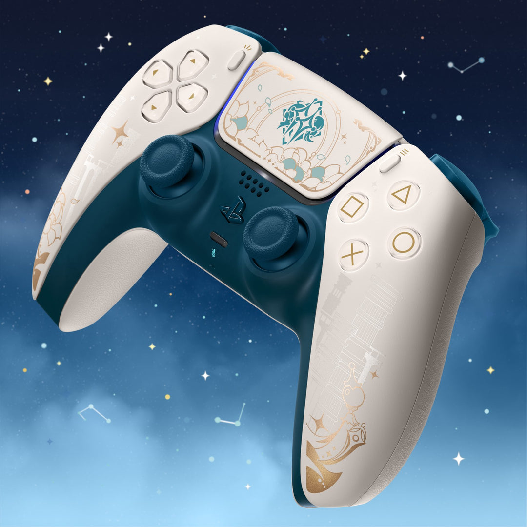 PlayStation 5 DualSense Genshin Impact Limited Edition, angled view with the touch pad emblem and gold glyphs