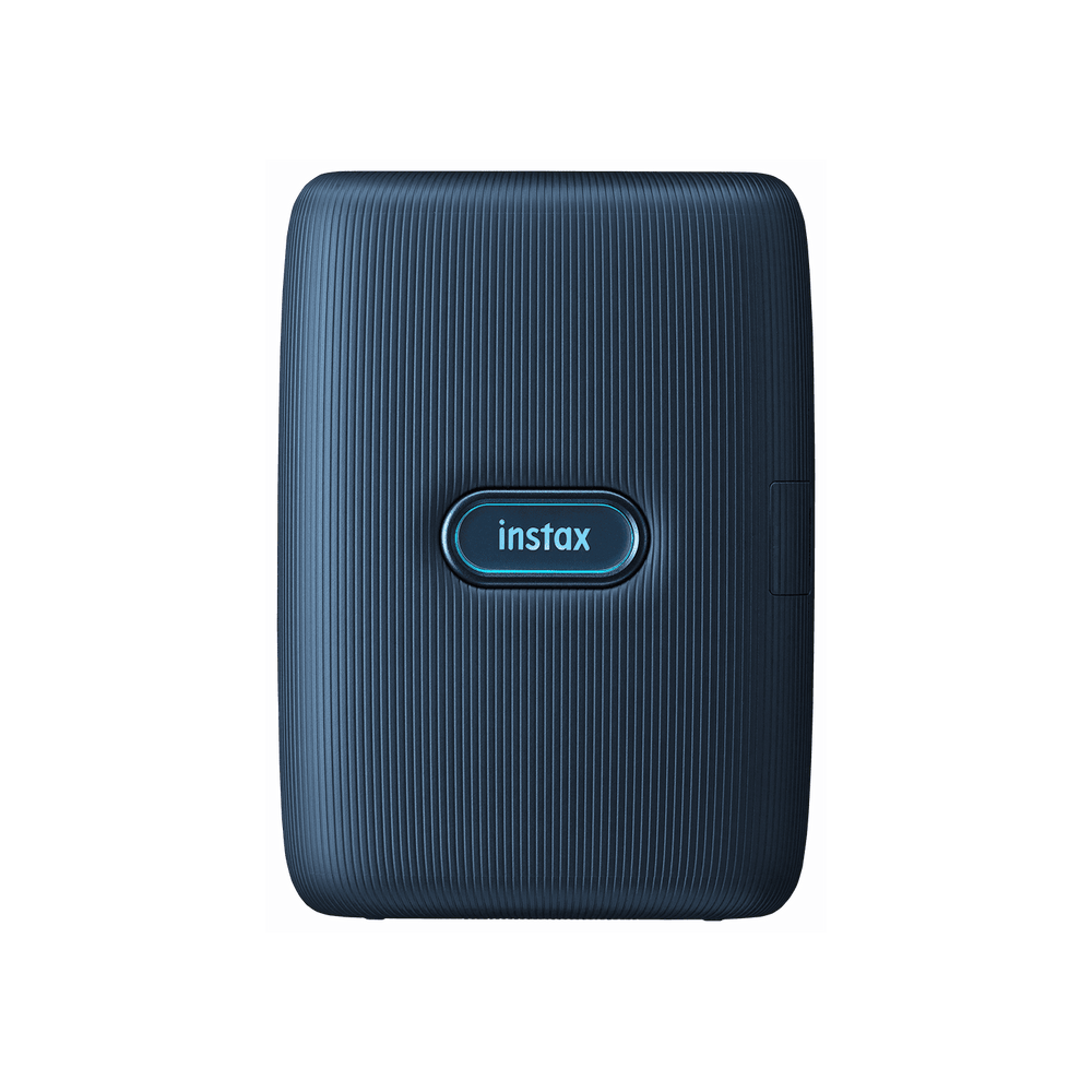 Fujifilm INSTAX Mini Link in Dark Denim, front with the illuminated instax button