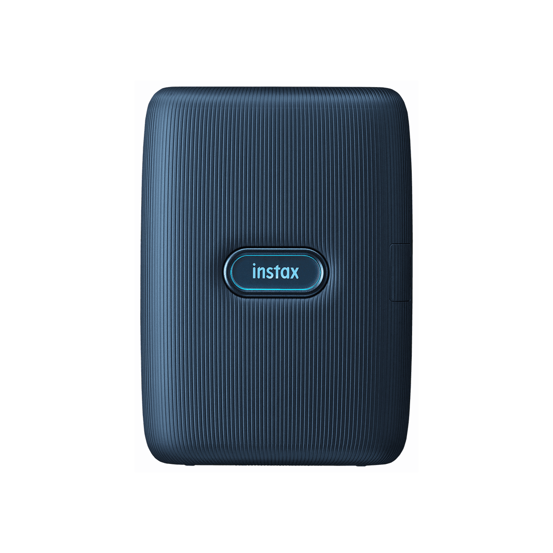 Fujifilm INSTAX Mini Link in Dark Denim, front with the illuminated instax button