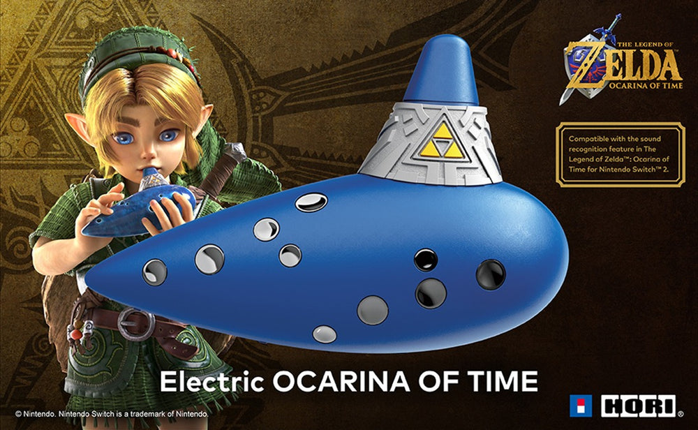 HORI Electric Ocarina of Time beside artwork of Young Link playing his ocarina