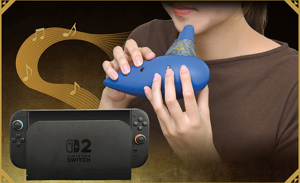 A player holds the HORI Electric Ocarina of Time in front of a Nintendo Switch 2