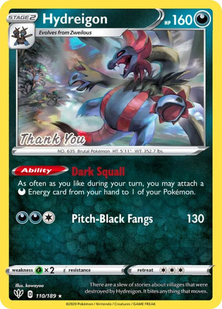 Hydreigon #110/189 REV HOLO R Thank You Stamp - Darkness Ablaze Sword & Shield Pokemon 2020