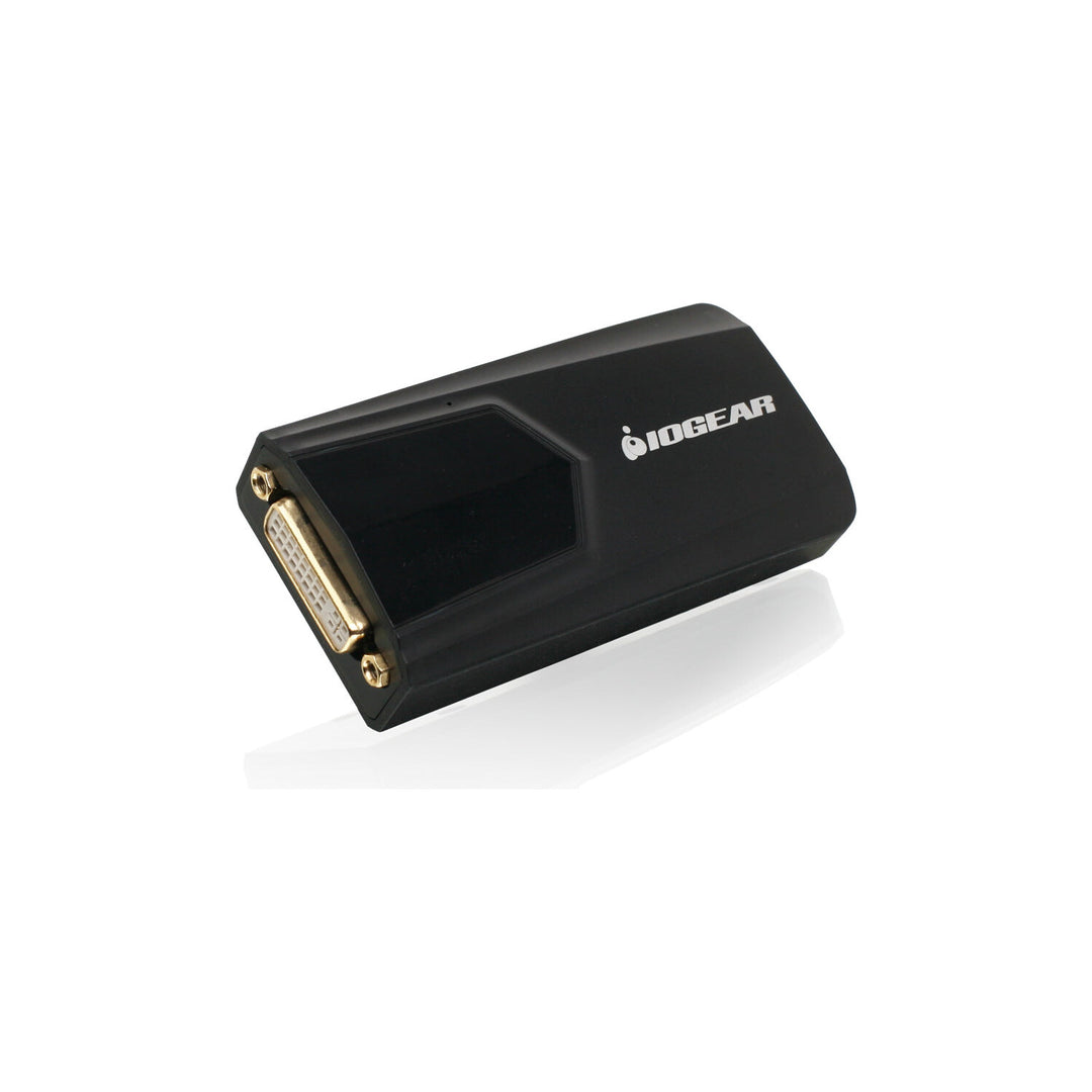 IOGEAR USB 3.0 External DVI Video Card GUC3020DW6 in black, angled view of the female DVI-I output port