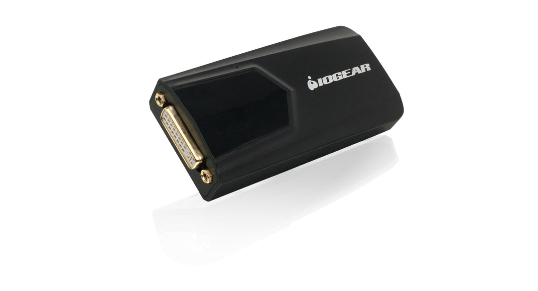 IOGEAR USB 3.0 External DVI Video Card GUC3020DW6 in black, angled view of the female DVI-I output port