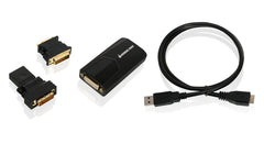 IOGEAR GUC3020DW6 package contents: USB 3.0 to DVI video card, DVI to HDMI adapter, DVI to VGA adapter and USB 3.0 Type-A to Micro-B cable