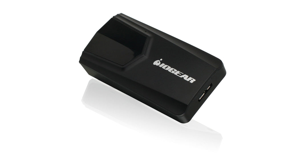 IOGEAR USB 3.0 External DVI Video Card GUC3020DW6 in black, angled view of the USB 3.0 Micro-B input port