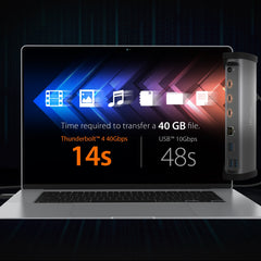 j5create graphic: a 40 GB file moves in 14 seconds over Thunderbolt 4 at 40Gbps and 48 seconds over USB 10Gbps