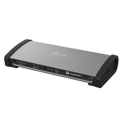 j5create JTD562 Thunderbolt 4 docking station in space grey with black end caps, front three-quarter view showing the SD 4.0 slot, USB 2.0 port, audio jack and Thunderbolt host port