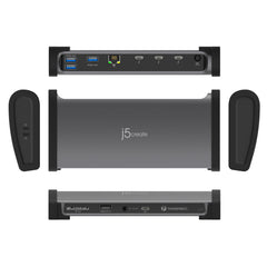 j5create JTD562 from every side: rear and front port panels, the aluminum top with the j5create logo and both black end caps