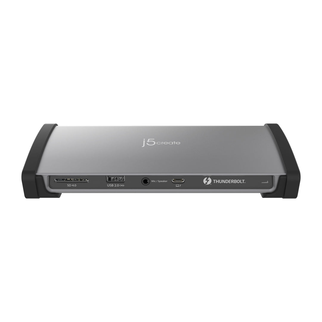 j5create JTD562 front view: SD 4.0 card slot, USB 2.0 port, mic and speaker jack, and the Thunderbolt 4 host port