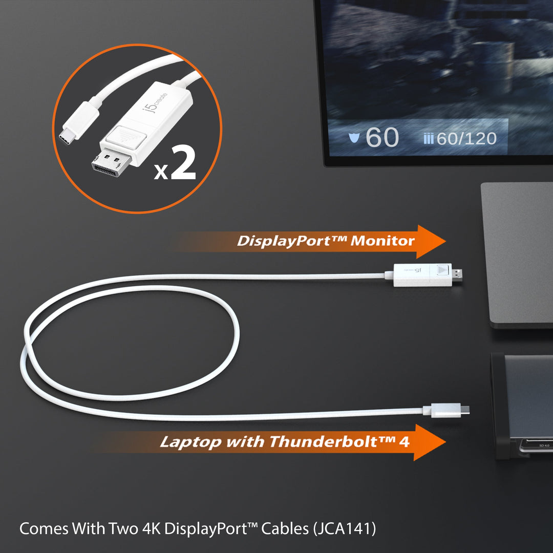 The two included j5create JCA141 USB-C to 4K DisplayPort cables linking a Thunderbolt 4 laptop to a DisplayPort monitor