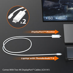 The two included j5create JCA141 USB-C to 4K DisplayPort cables linking a Thunderbolt 4 laptop to a DisplayPort monitor