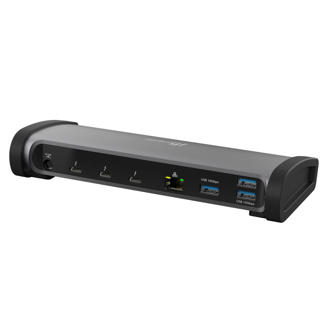 j5create JTD562 rear three-quarter view: DC in, three Thunderbolt 4 ports, Gigabit Ethernet and three USB 10Gbps Type-A ports