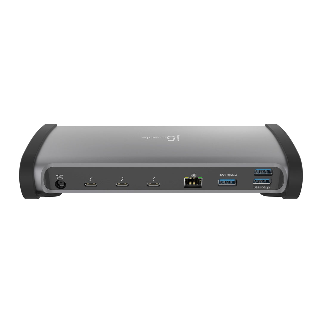j5create JTD562 rear view with the DC input, three Thunderbolt 4 ports, RJ45 Ethernet and three USB 10Gbps ports