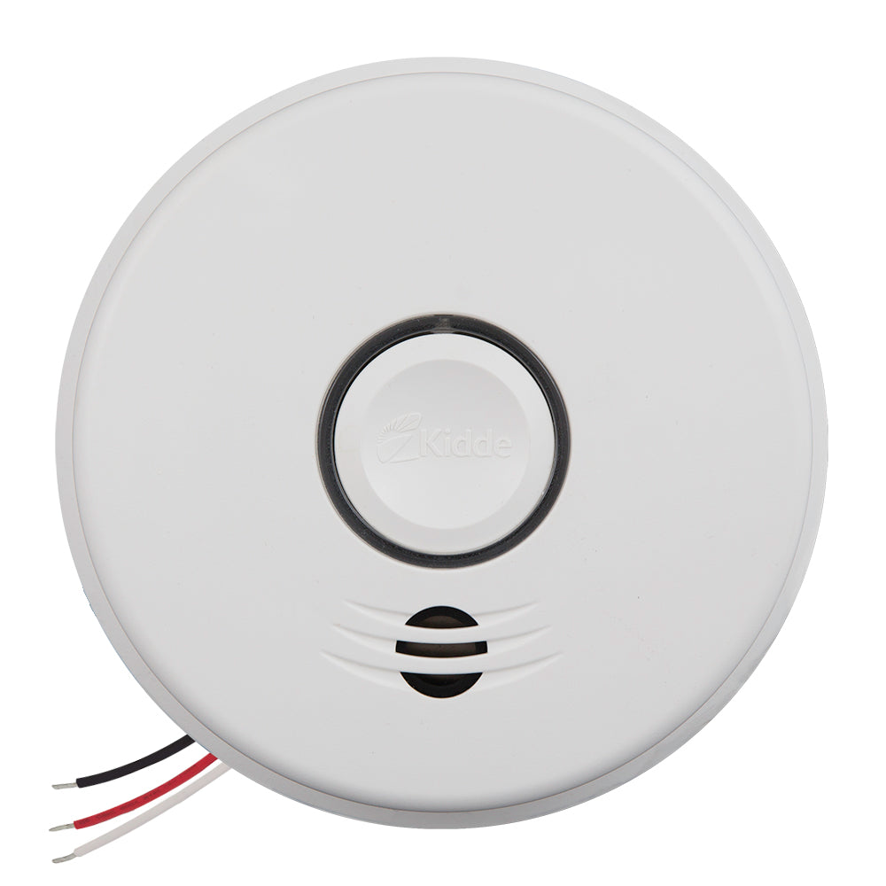 Kidde P4010ACSCO-WCA 120 V wireless talking smoke and carbon monoxide alarm, white round face with the Kidde test button inside the LED ring and the black, red and white wiring leads