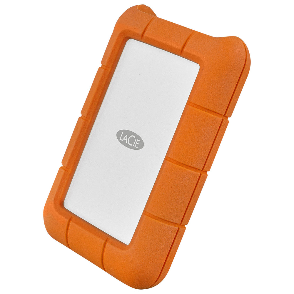 LaCie Rugged USB-C 5TB portable hard drive standing at an angle