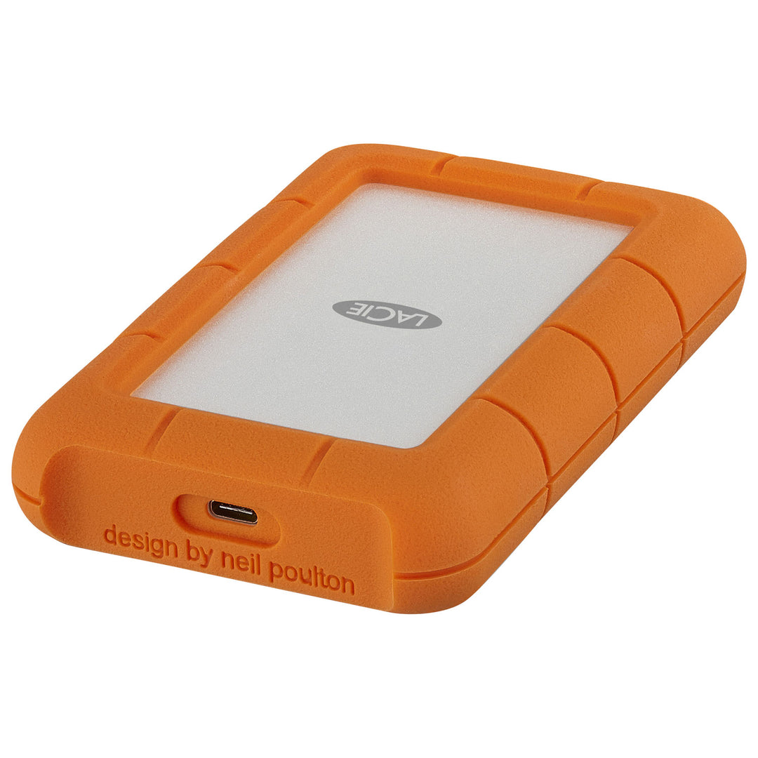LaCie Rugged USB-C 5TB lying flat, angled left, showing the USB-C port
