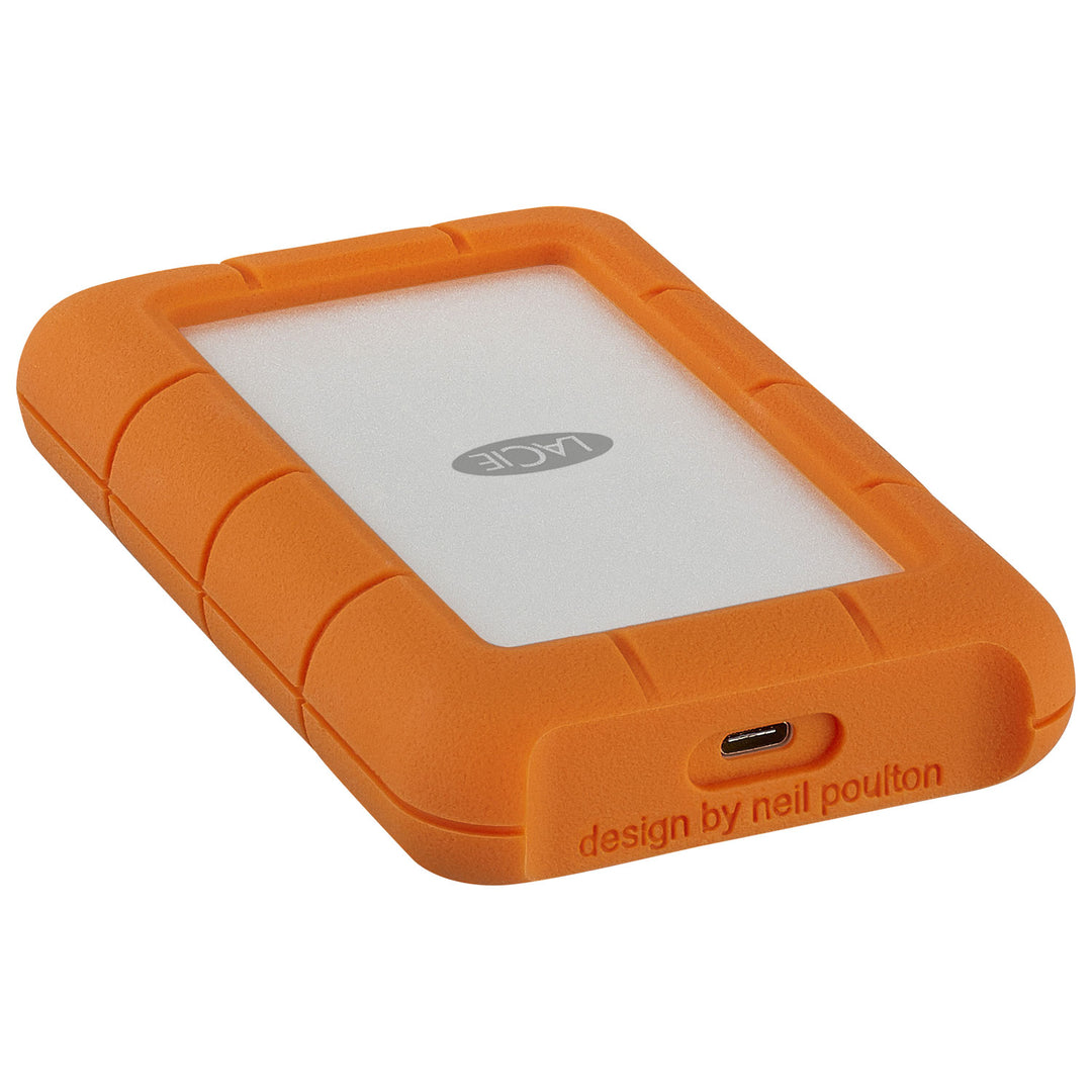 LaCie Rugged USB-C 5TB lying flat, angled right, showing the USB-C port