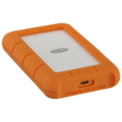 LaCie Rugged USB-C 5TB lying flat, angled right, showing the USB-C port
