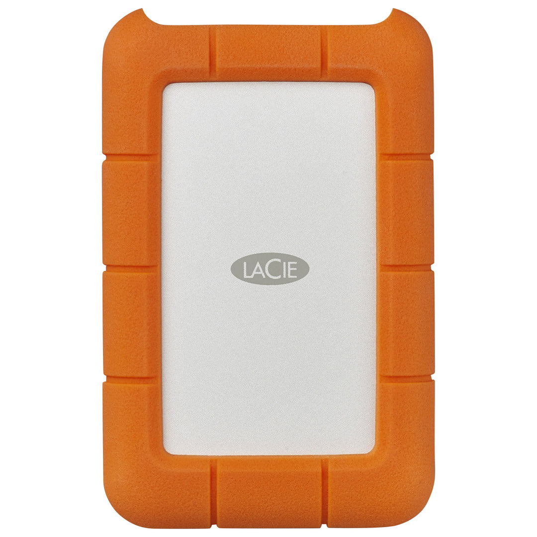 LaCie Rugged USB-C 5TB portable hard drive, front view with orange bumper and LaCie logo