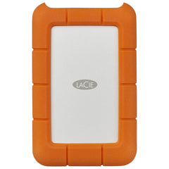 LaCie Rugged USB-C 5TB portable hard drive, front view with orange bumper and LaCie logo