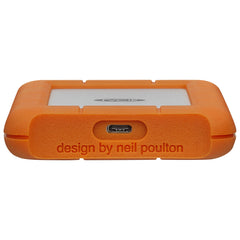 LaCie Rugged USB-C 5TB bottom edge with the USB-C port and design by neil poulton text