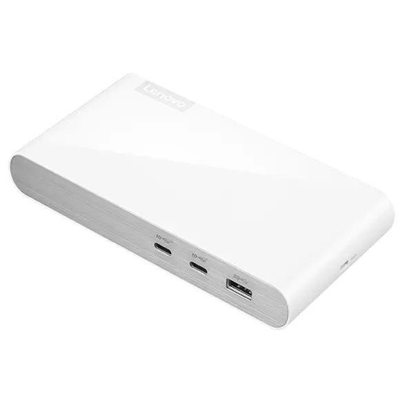 Lenovo 500 USB-C Universal Dock in moon white, three-quarter view with the front USB-C and USB-A ports