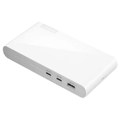 Lenovo 500 USB-C Universal Dock in moon white, three-quarter view with the front USB-C and USB-A ports