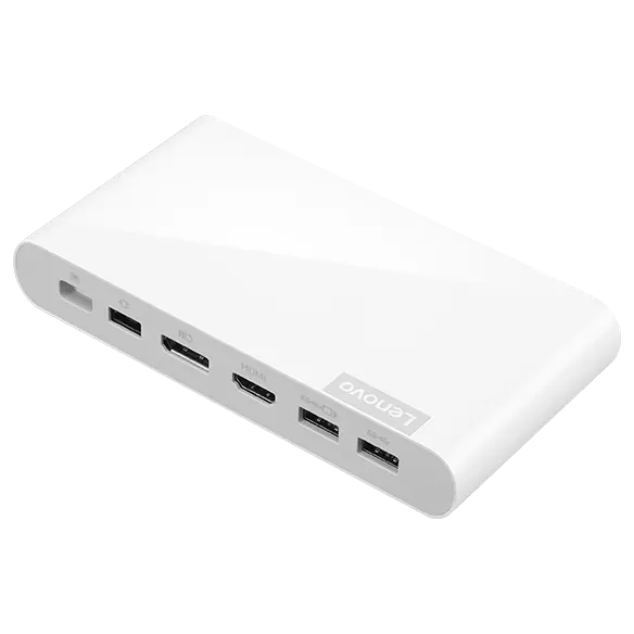 Lenovo 500 USB-C Universal Dock, rear three-quarter view with HDMI, DisplayPort and USB-A ports
