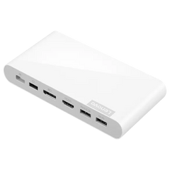 Lenovo 500 USB-C Universal Dock, rear three-quarter view with HDMI, DisplayPort and USB-A ports