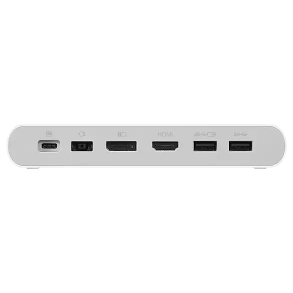 Lenovo 500 USB-C Universal Dock, rear edge with USB-C host port, power input, DisplayPort, HDMI and two USB-A ports