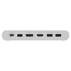 Lenovo 500 USB-C Universal Dock, rear edge with USB-C host port, power input, DisplayPort, HDMI and two USB-A ports