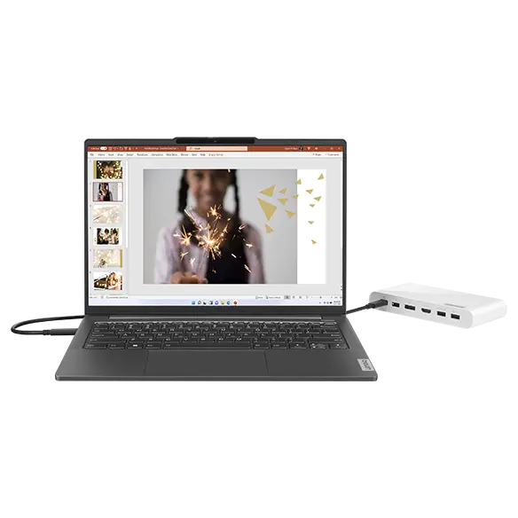 Lenovo 500 USB-C Universal Dock connected to a laptop with one USB-C cable