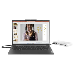 Lenovo 500 USB-C Universal Dock connected to a laptop with one USB-C cable
