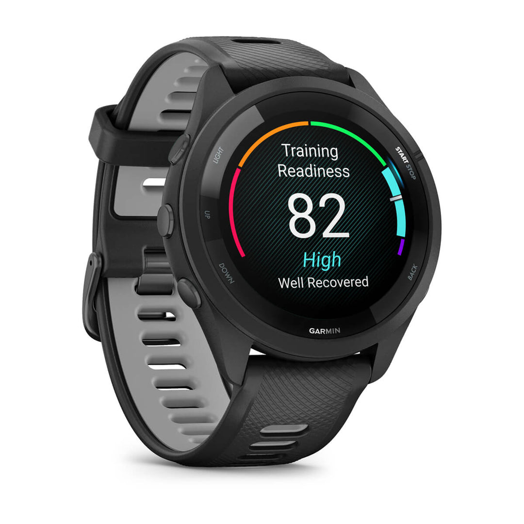 Garmin Forerunner 265 viewed from the left, showing the black and powder grey silicone band
