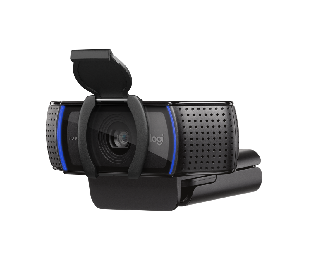 Logitech C920s Pro HD Webcam with the mounting clip folded flat and the privacy shutter open