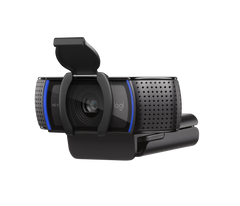 Logitech C920s Pro HD Webcam with the mounting clip folded flat and the privacy shutter open