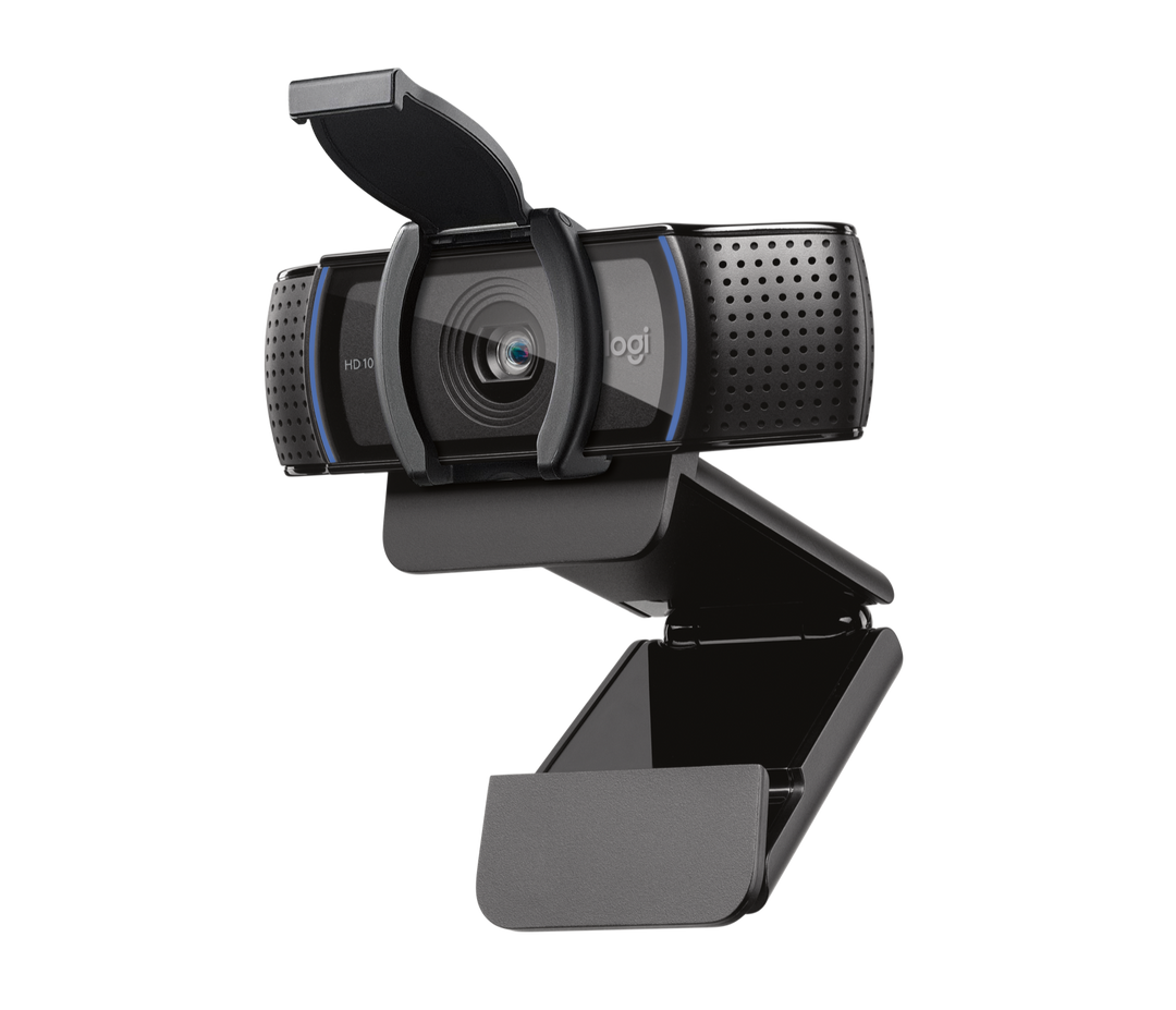 Logitech C920s Pro HD Webcam in black, three-quarter front view with the privacy shutter flipped open and the mounting clip unfolded