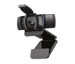 Logitech C920s Pro HD Webcam in black, three-quarter front view with the privacy shutter flipped open and the mounting clip unfolded