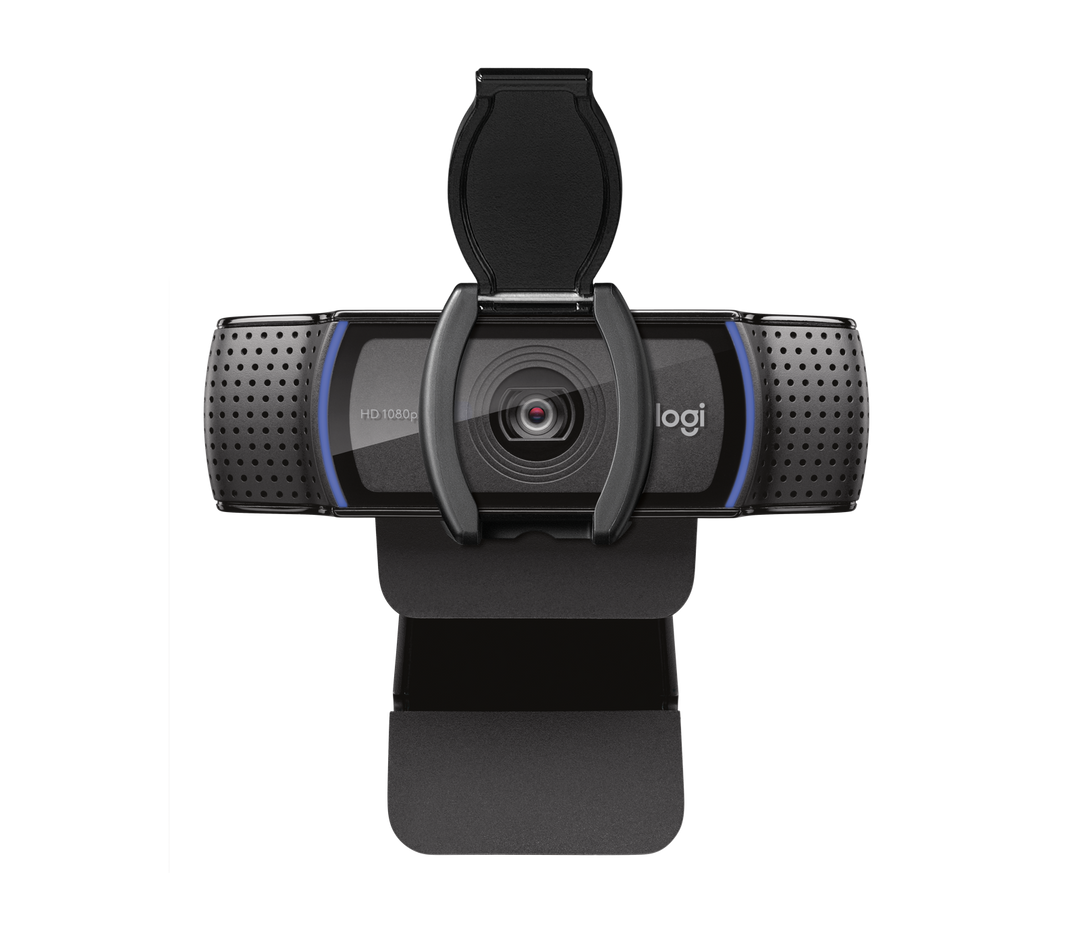 Logitech C920s Pro HD Webcam straight-on front view with the privacy shutter raised, showing the HD 1080p lens and logi logo