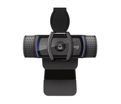 Logitech C920s Pro HD Webcam straight-on front view with the privacy shutter raised, showing the HD 1080p lens and logi logo