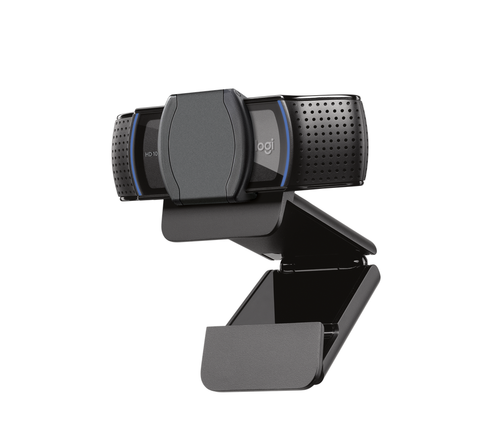 Logitech C920s Pro HD Webcam with the privacy shutter closed over the lens, three-quarter view on its open mounting clip