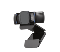 Logitech C920s Pro HD Webcam with the privacy shutter closed over the lens, three-quarter view on its open mounting clip